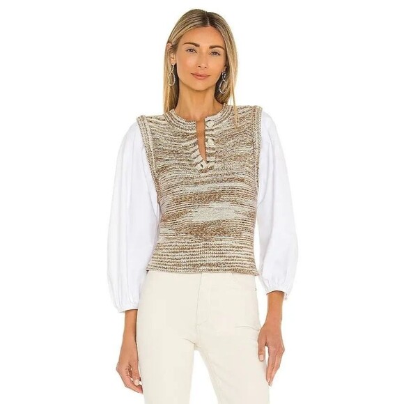 Veronica Beard Tahlea Mixed-Media Sweater in Army Multi Puff Sleeve Top Size M - Picture 1 of 10